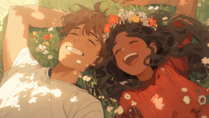 A couple lying on the grass